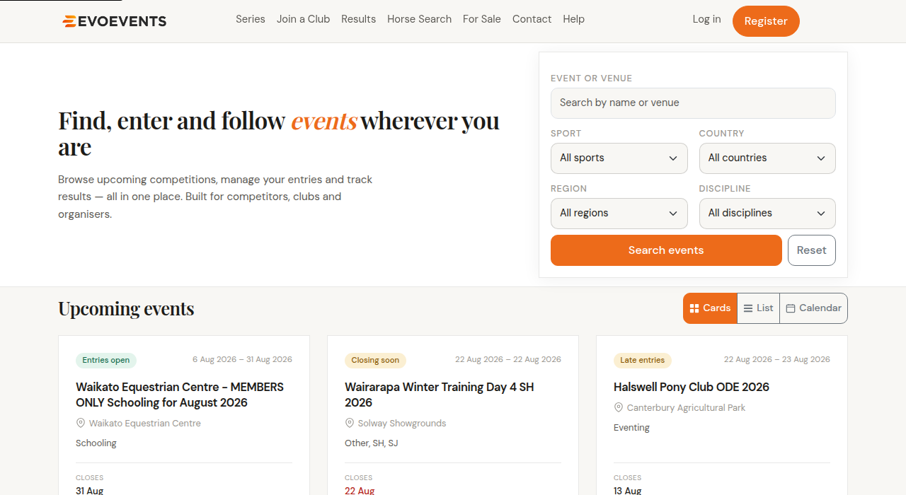 The event listing with its filter panel