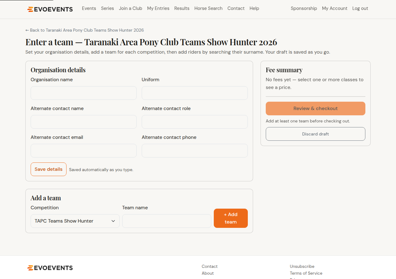 The team entry page